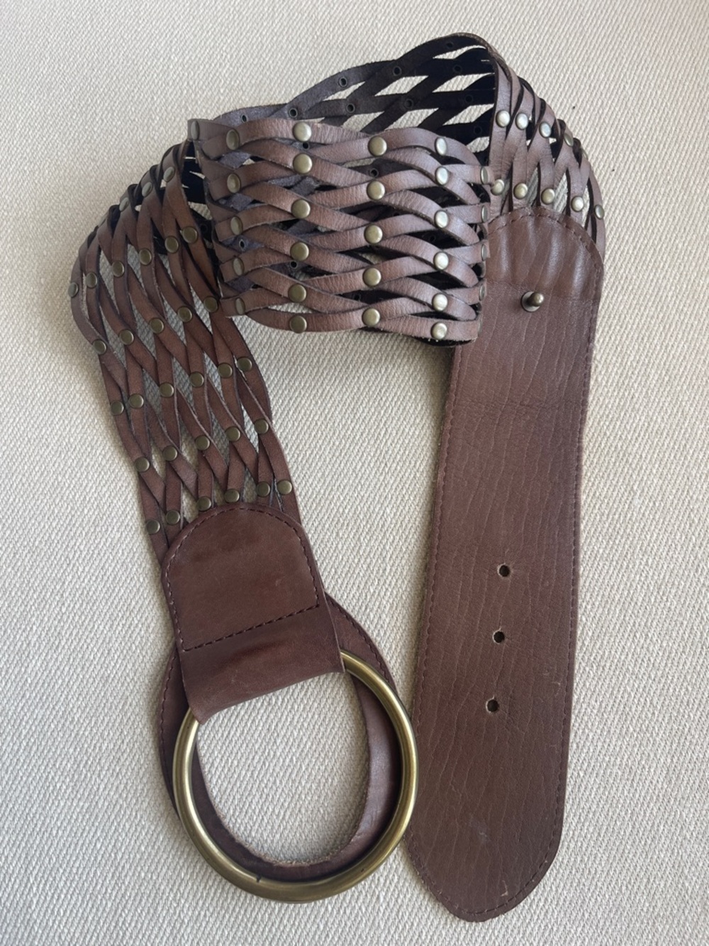 LINEA PELLE | Genuine Leather Woven Studded Belt | Medium Brown